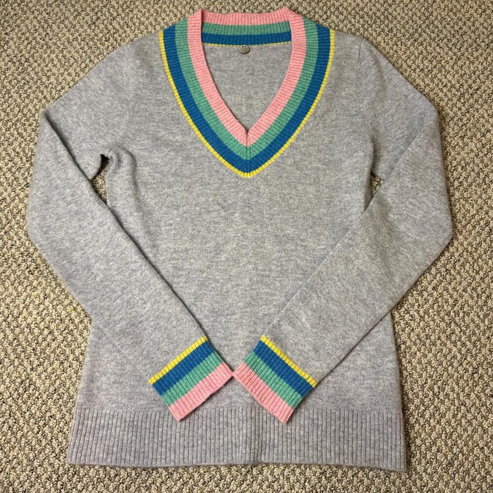 Margaret O'Leary Heather Gray V-Neck Sweater with Pink, Teal & Yellow Trim